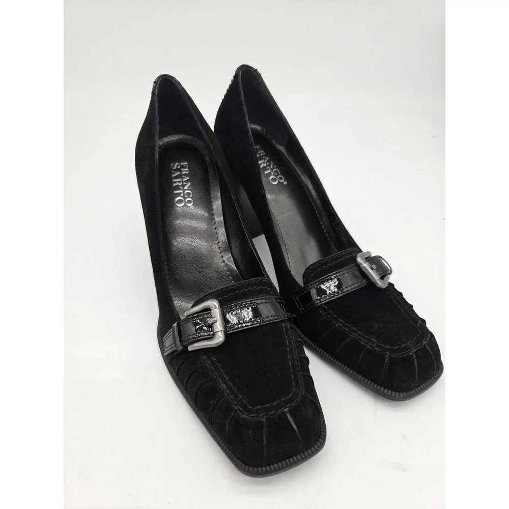 Franco Sarto Black Suede Block Heels Shoes W‎ Buckle Loafer Size 8 1/2 M